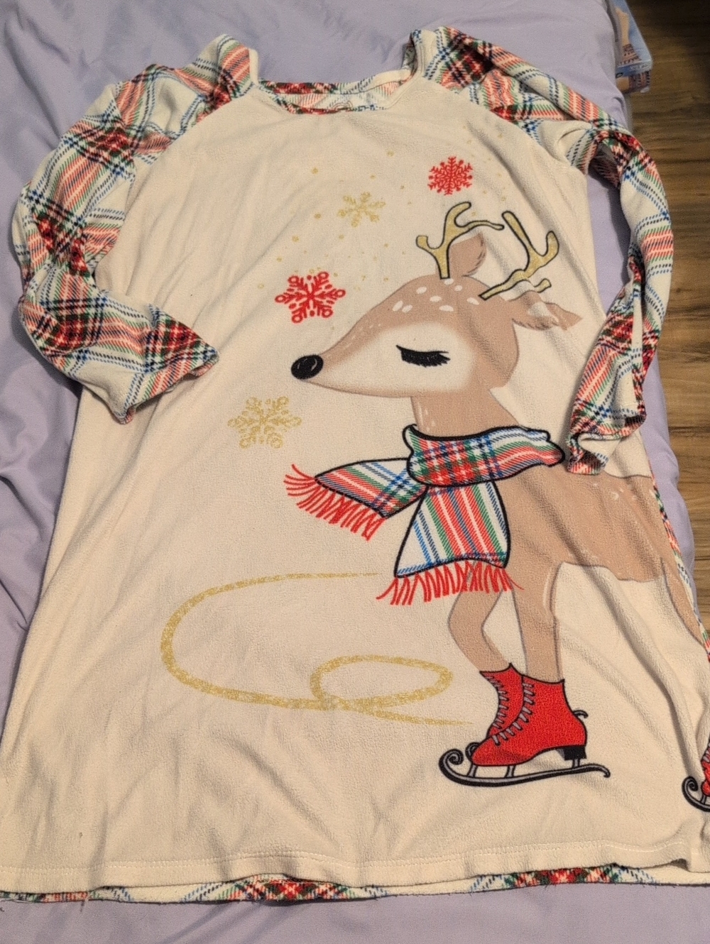 Kids Cream Reindeer Plaid Sleeve Nightgown
